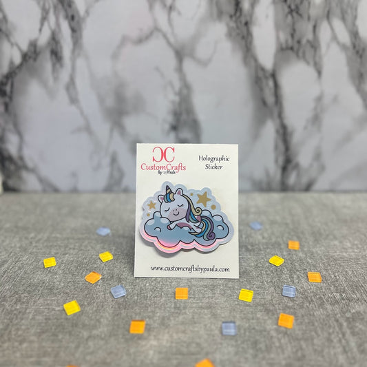 Unicorn sleeping on a cloud Holographic Sticker, Sparkly Sticker